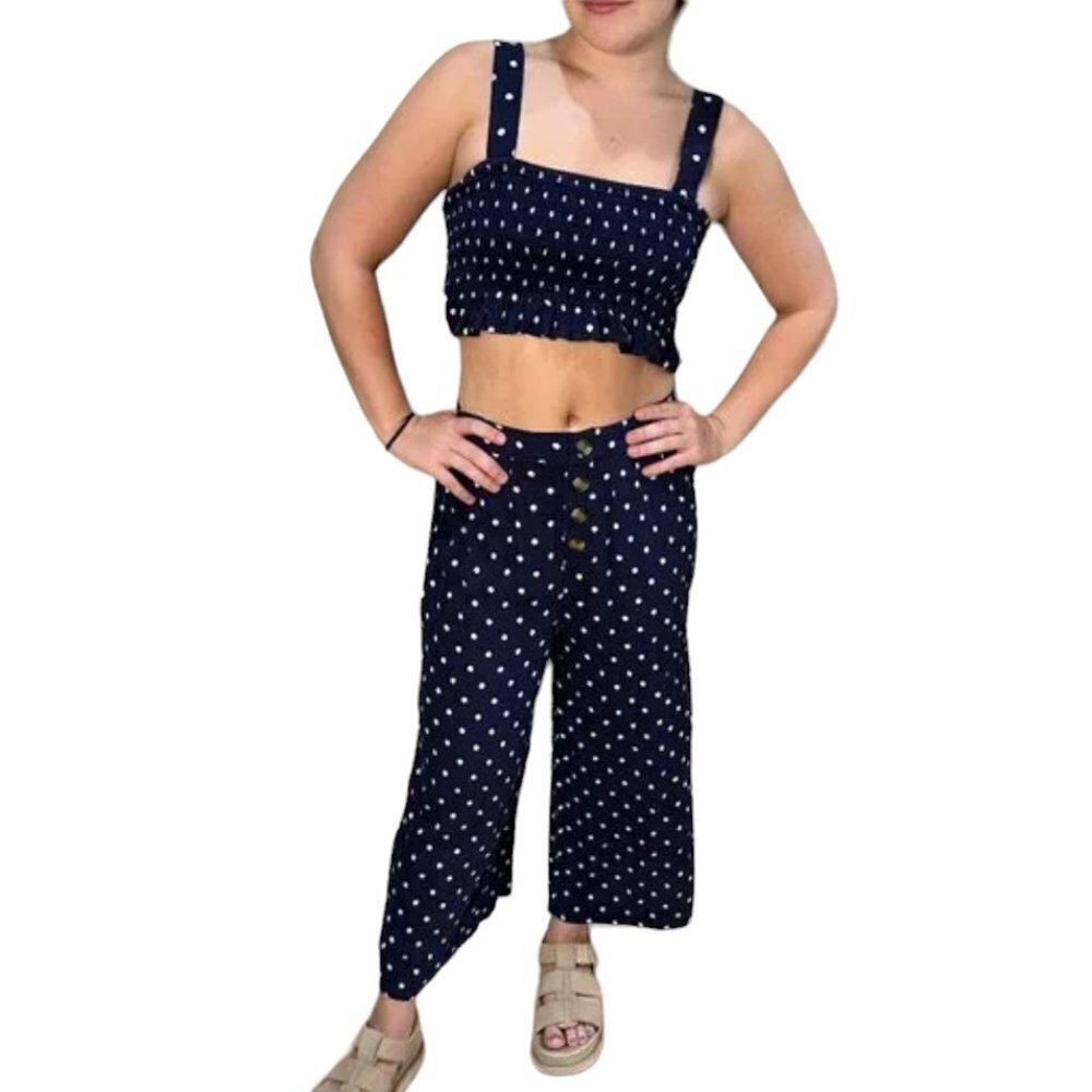 AMERICAN EAGLE Two Piece Pant Set Pantsuit Navy Polka Dot Wide Leg Size XS